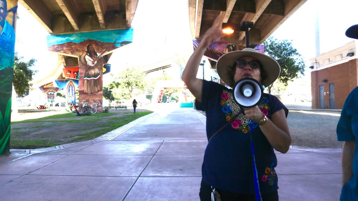 Josephine Talamantez, chair of the Chicano Park Museum and Cultural Center, joined local activists Victor Ochoa and Tommie Camarillo to guide us in a tour of murals and pavilions.