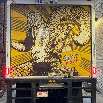 Back of Shiner Bock Beer truck in Denver showing Ram's head