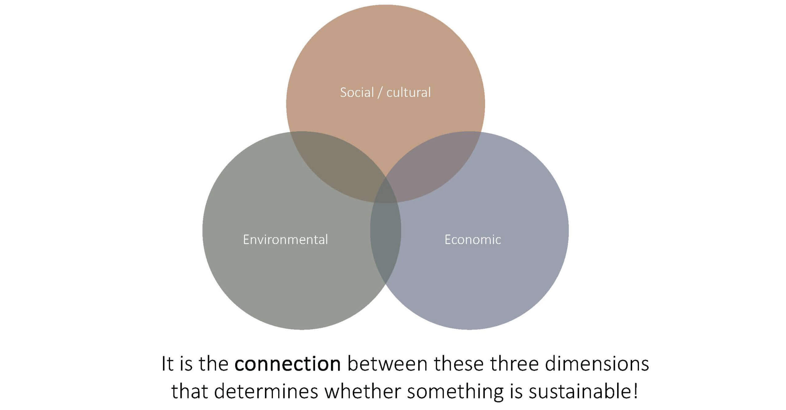 Venn diagram of social, economic, and environmental dimensions and stating that it is the intersection of these that determines sustainability.