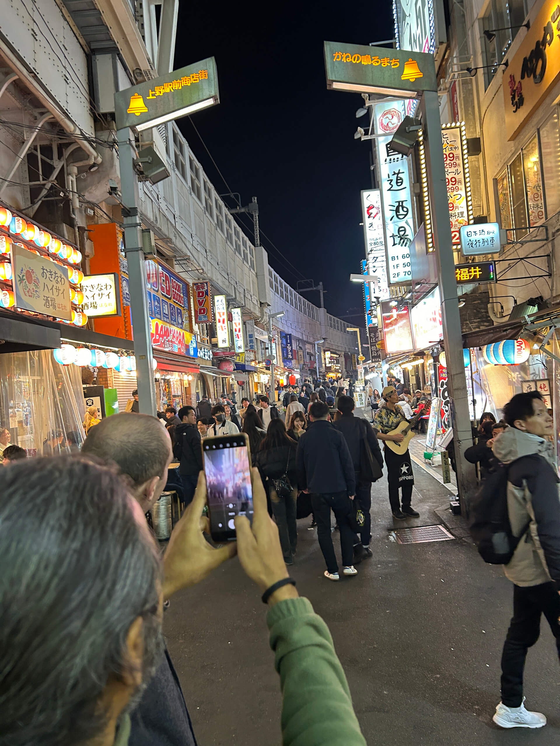 Lively street at night in Ueno neighborhood