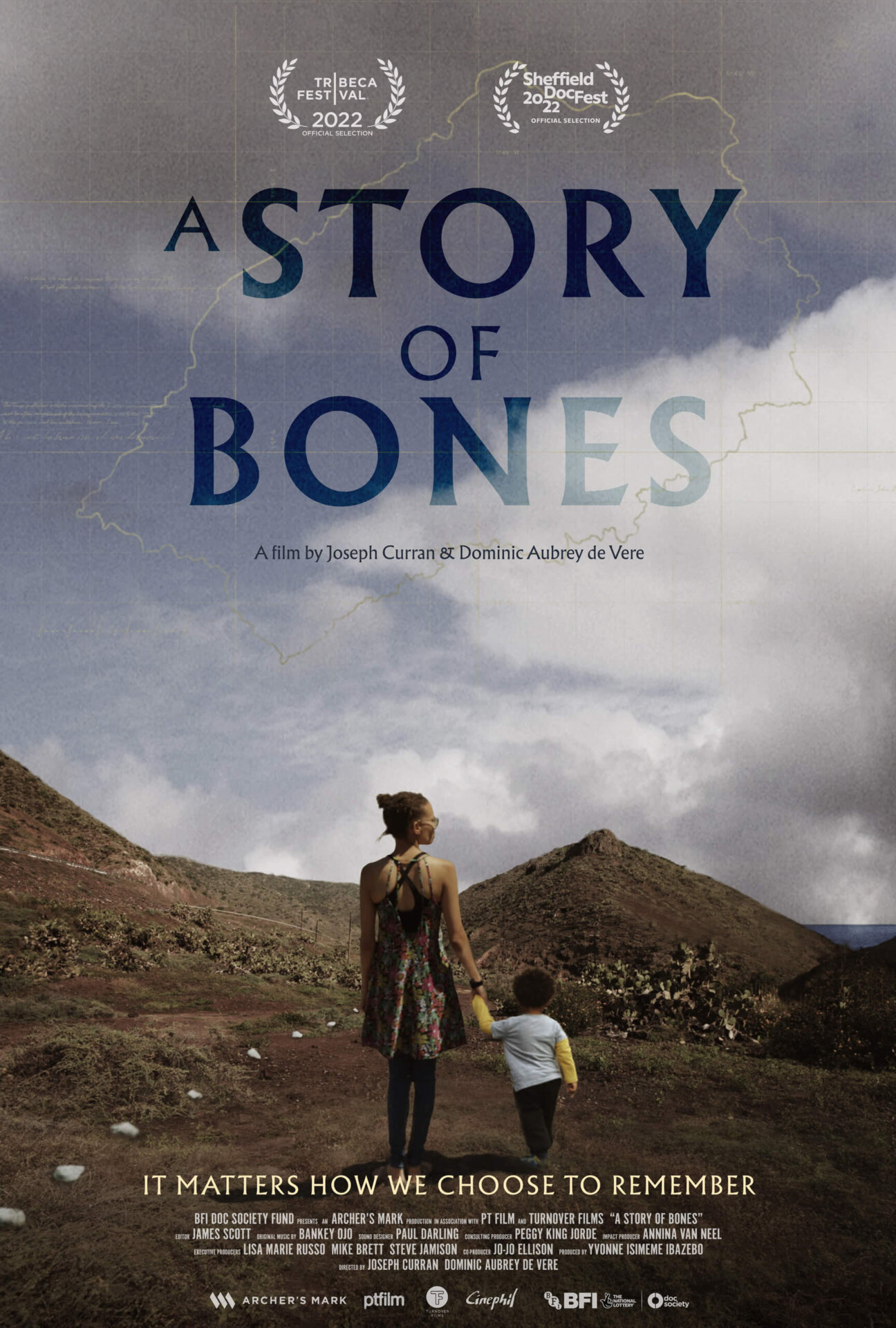 Movie poster for A Story of Bones showing Annina and her child walking in a hilly landscape