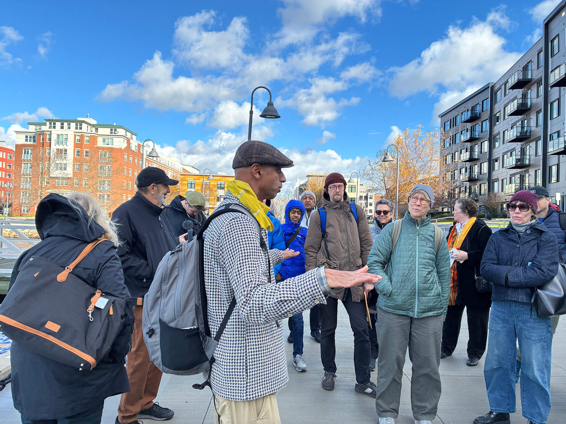 Kannan Thiruvengadam beginning his tour of East Boston for a group of Loeb Fellows et al. on a clear blustery day.