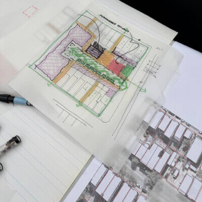 Workshop sketch overlaid on plot plan for Eastie Farm