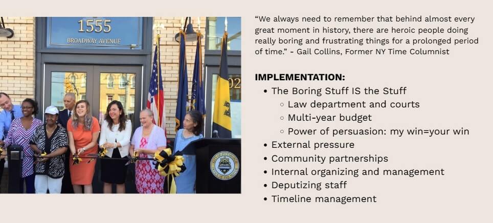 class slide showing Natalia Rudiak at Beechview ribbon cutting ceremony and Implementation components