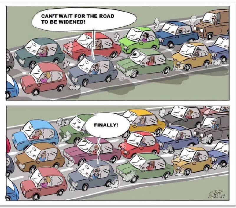 Cartoon by Coté showing the same road with 2 lanes and 3 lanes; in both cases the cars are bumper to bumper